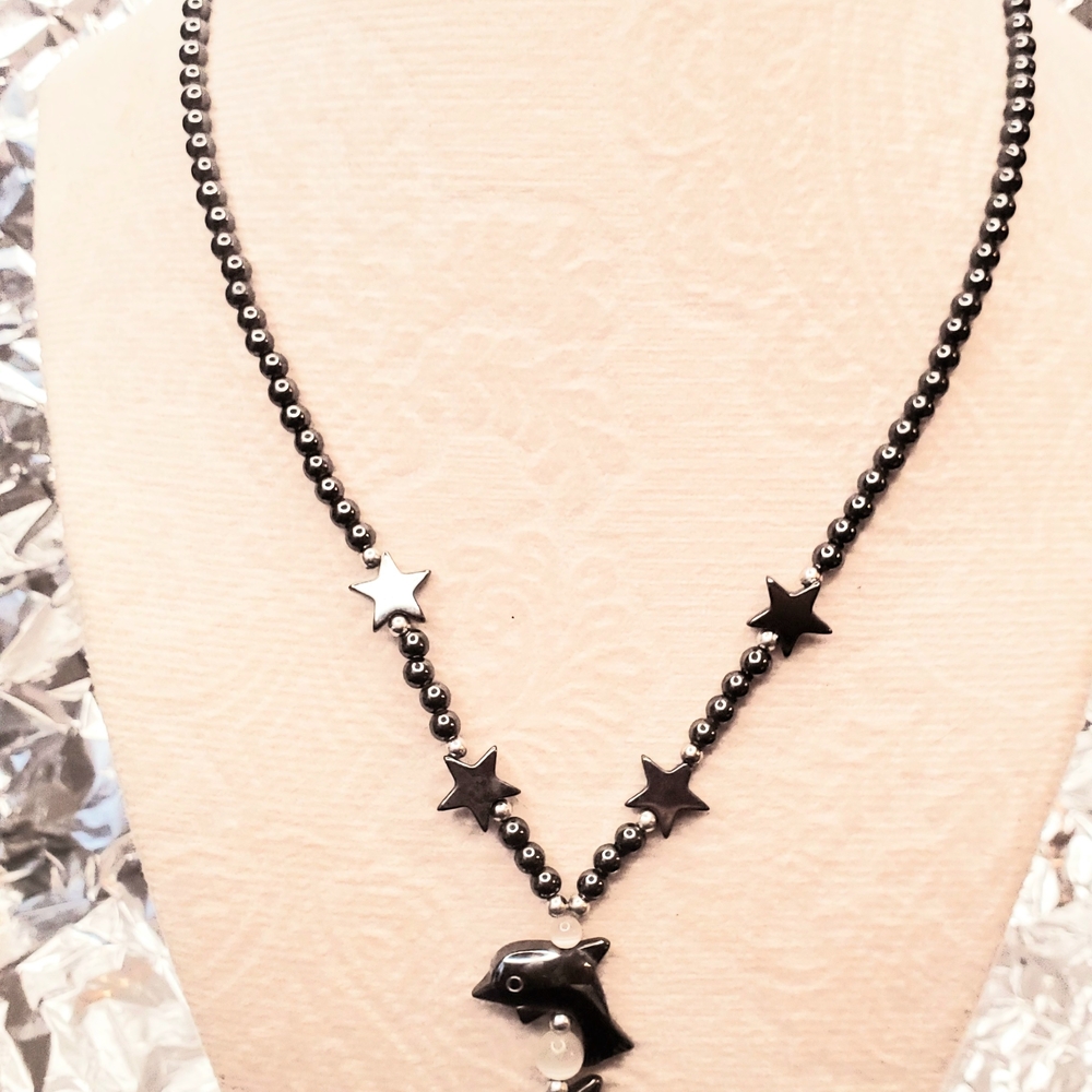 Black and Silver Dolphin Pendant Necklace